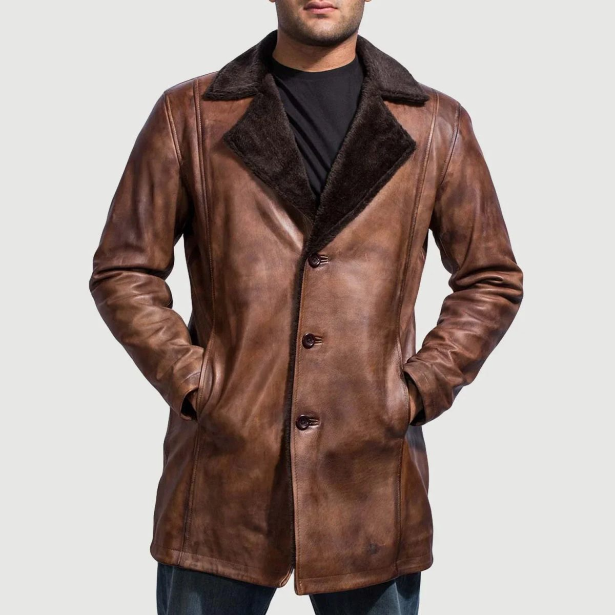 Men's Cinnamon Distressed Leather Fur Coat