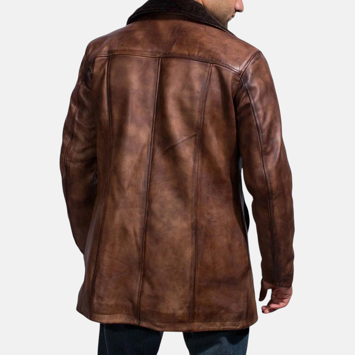 Men's Cinnamon Distressed Leather Fur Coat