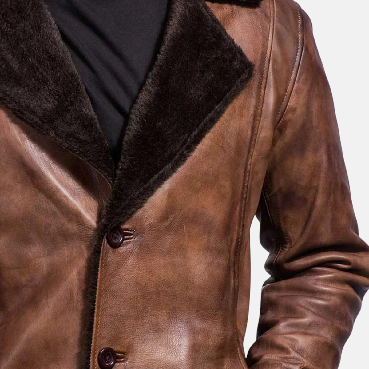 Men's Cinnamon Distressed Leather Fur Coat