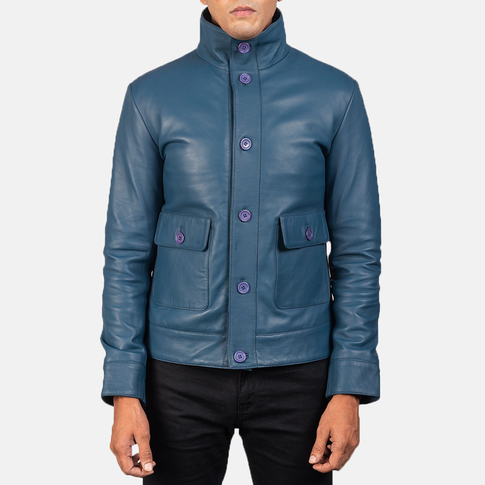 Men's Columbus Blue Leather Bomber Jacket