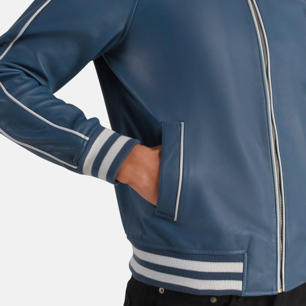 Men's Cooper Blue Leather Varsity Bomber Jacket