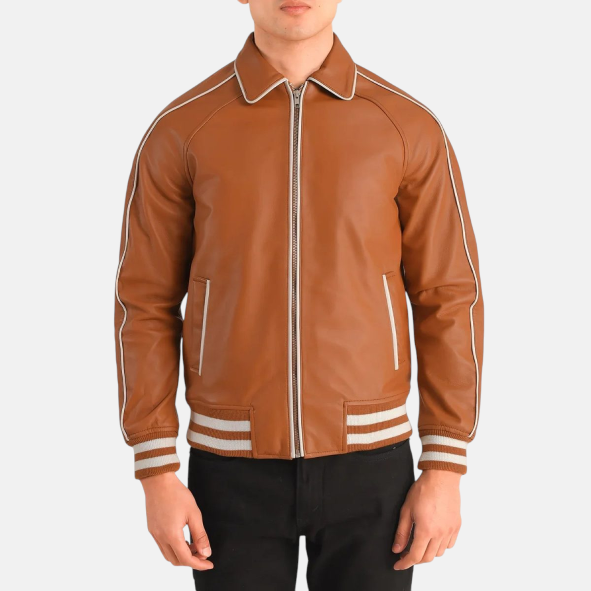 Men's Cooper Tan Brown Leather Varsity Bomber Jacket