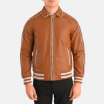 Men's Cooper Tan Brown Leather Varsity Bomber Jacket