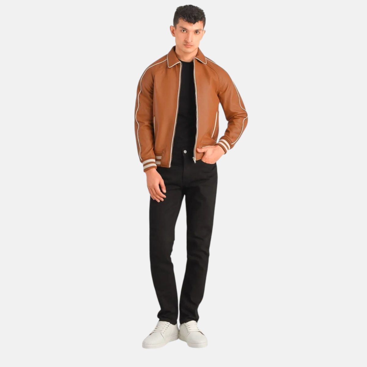 Men's Cooper Tan Brown Leather Varsity Bomber Jacket