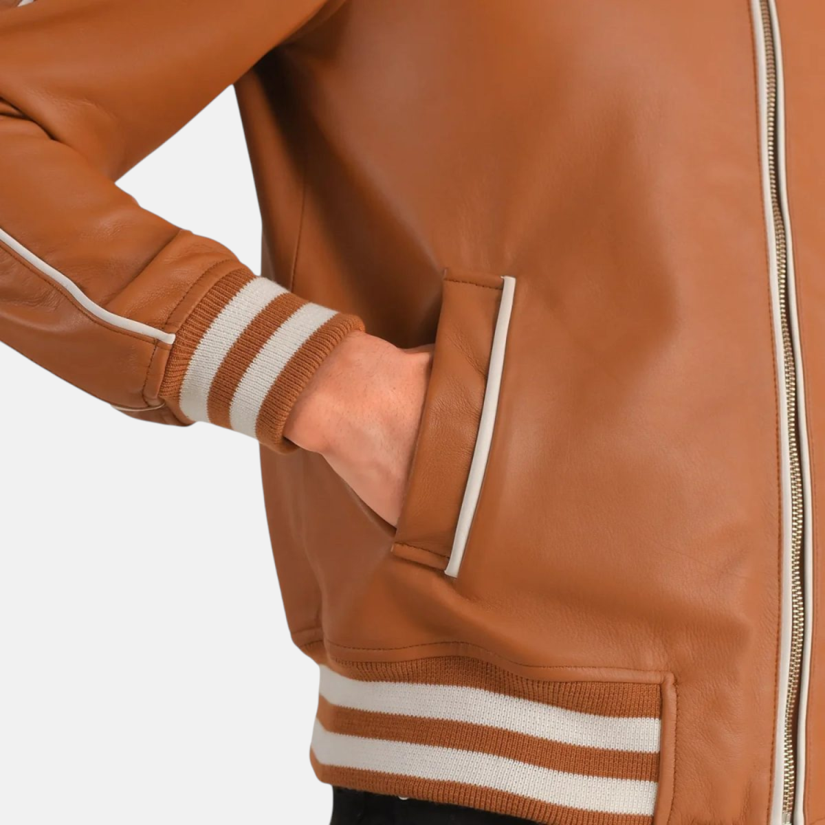 Men's Cooper Tan Brown Leather Varsity Bomber Jacket