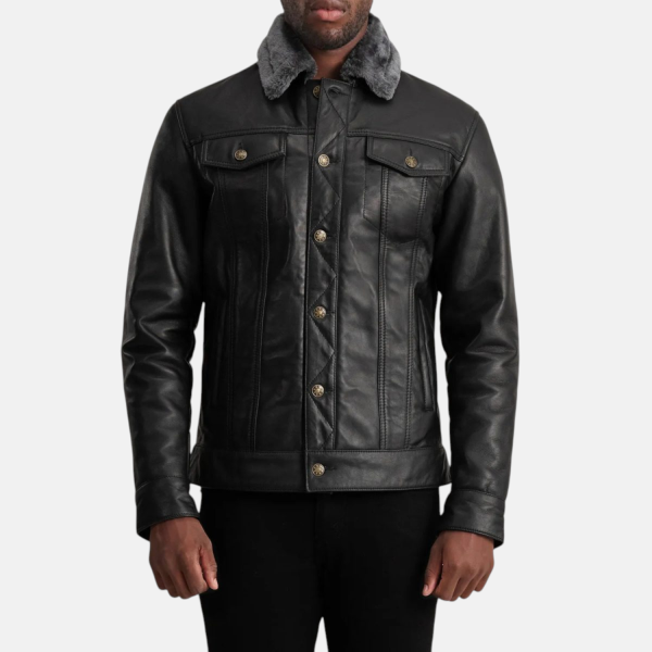 Men's Dallis Black Leather Shearling Leather Trucker Jacket