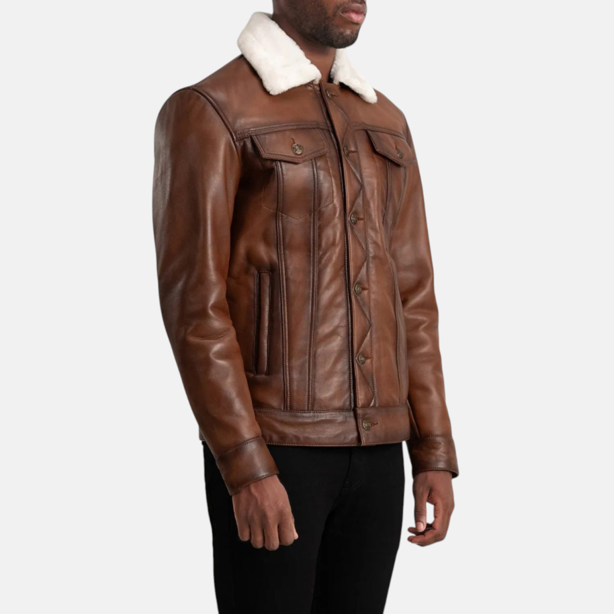 Men's Dallis Brown Leather Shearling Leather Trucker Jacket