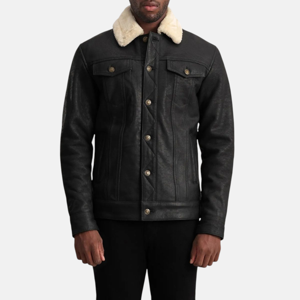 Men's Dallis Tumbled Black Shearling Leather Trucker Jacket