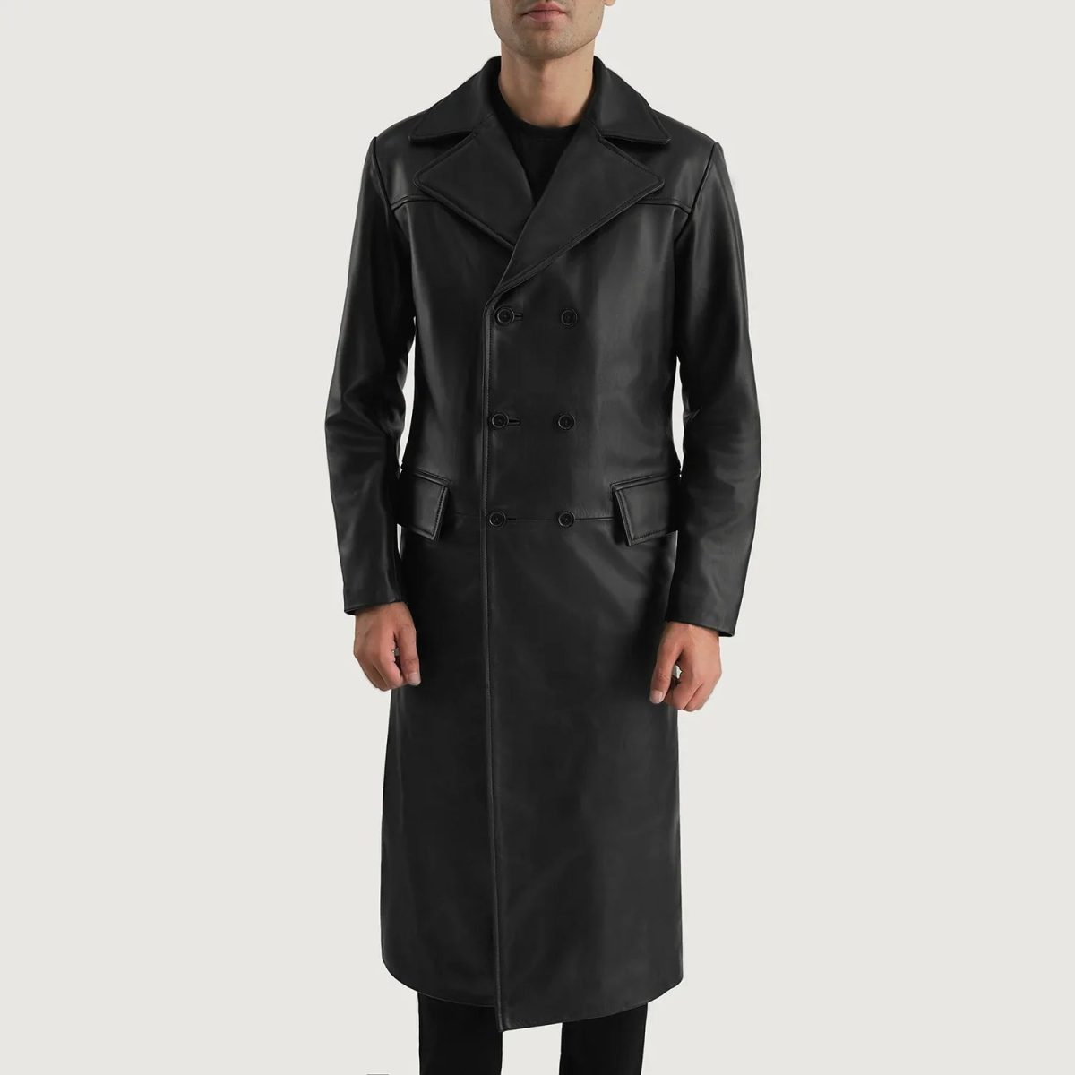 Men's Delmar Black Leather Double Breasted Leather Coat