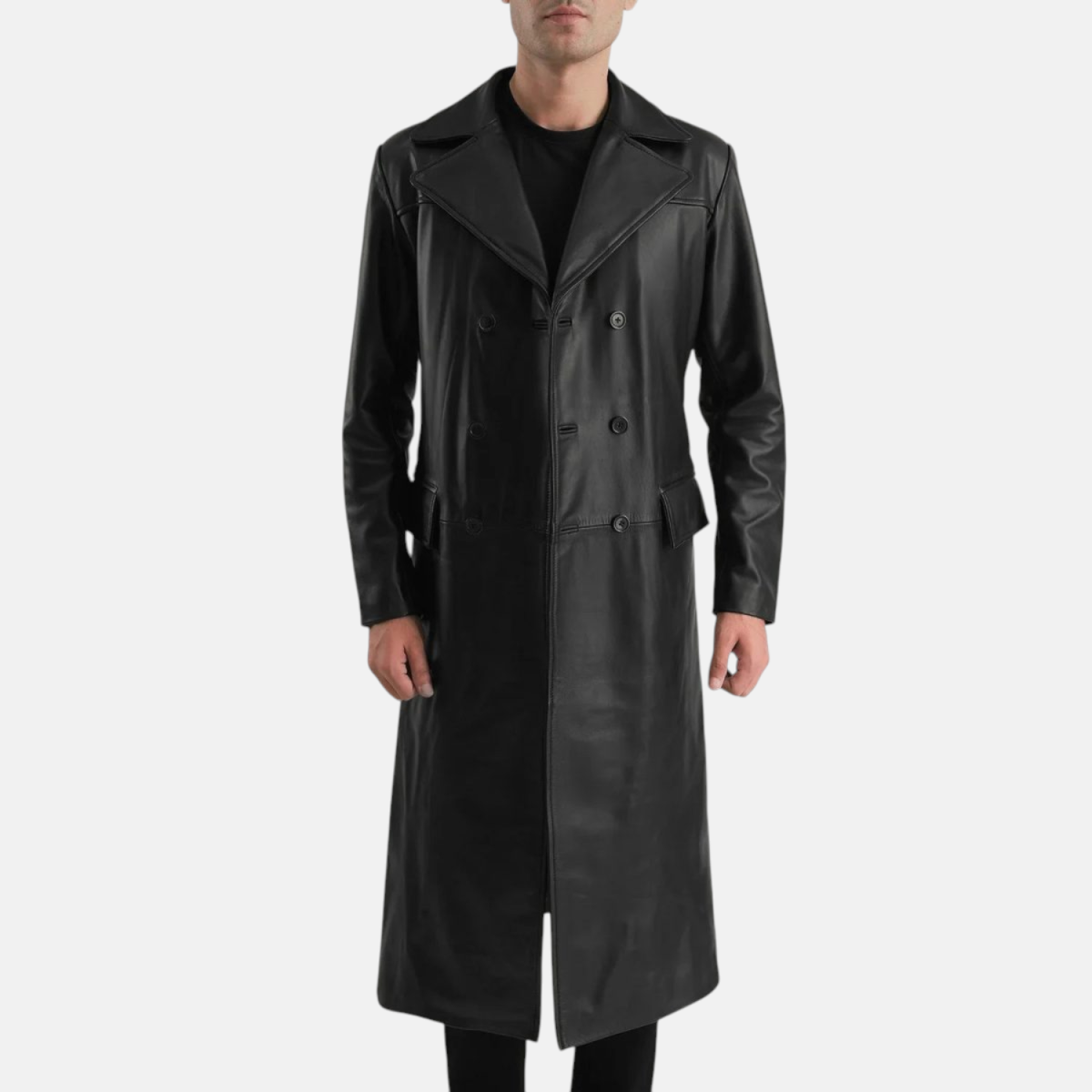 Men's Delmar Black Leather Double Breasted Leather Coat