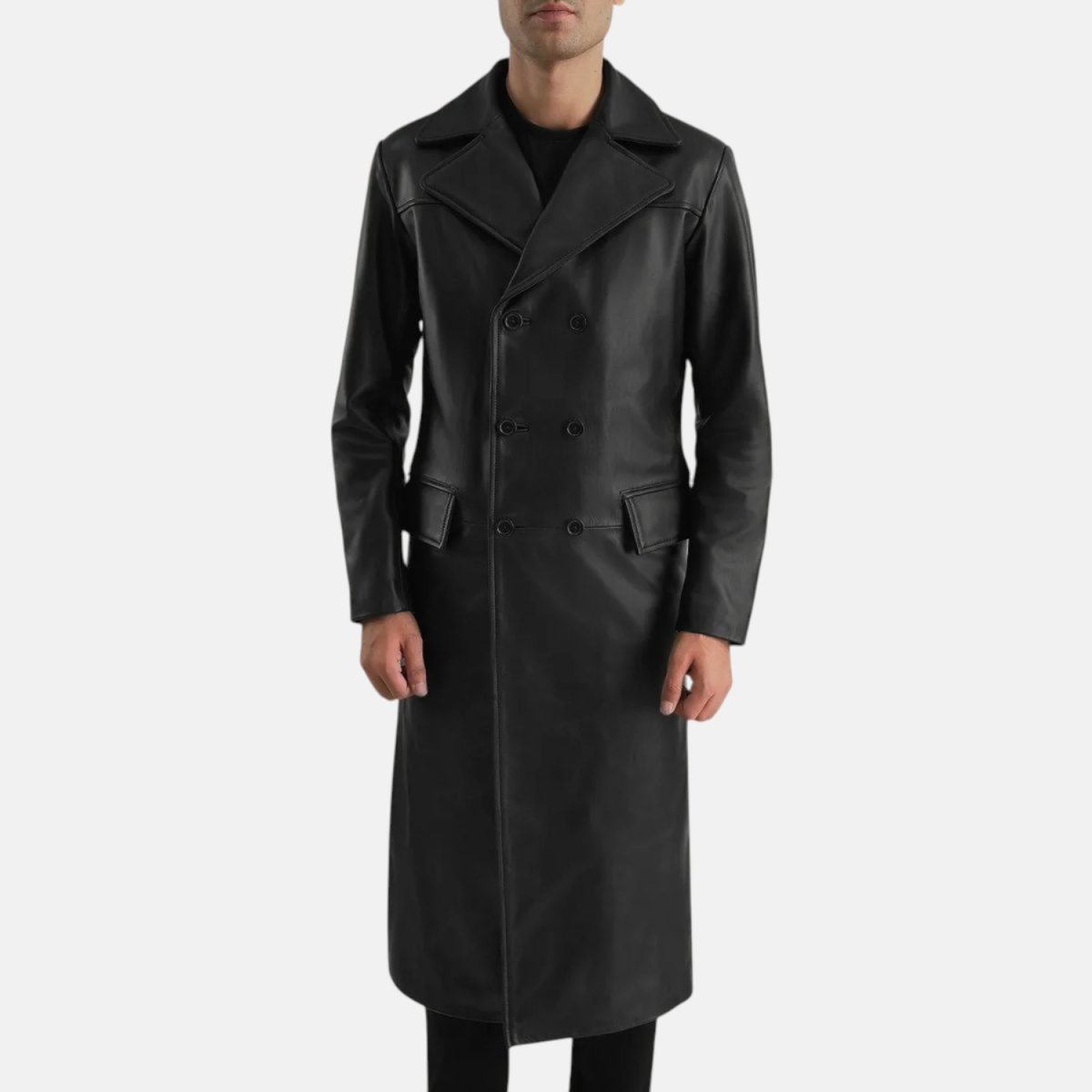 Men's Delmar Black Leather Double Breasted Leather Coat