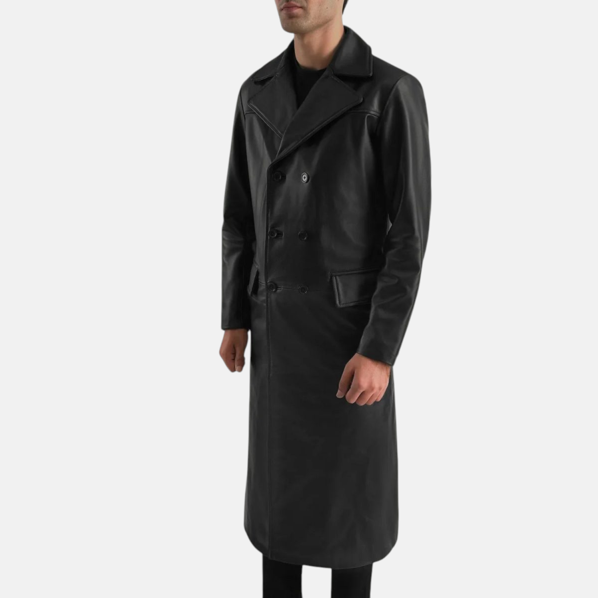 Men's Delmar Black Leather Double Breasted Leather Coat
