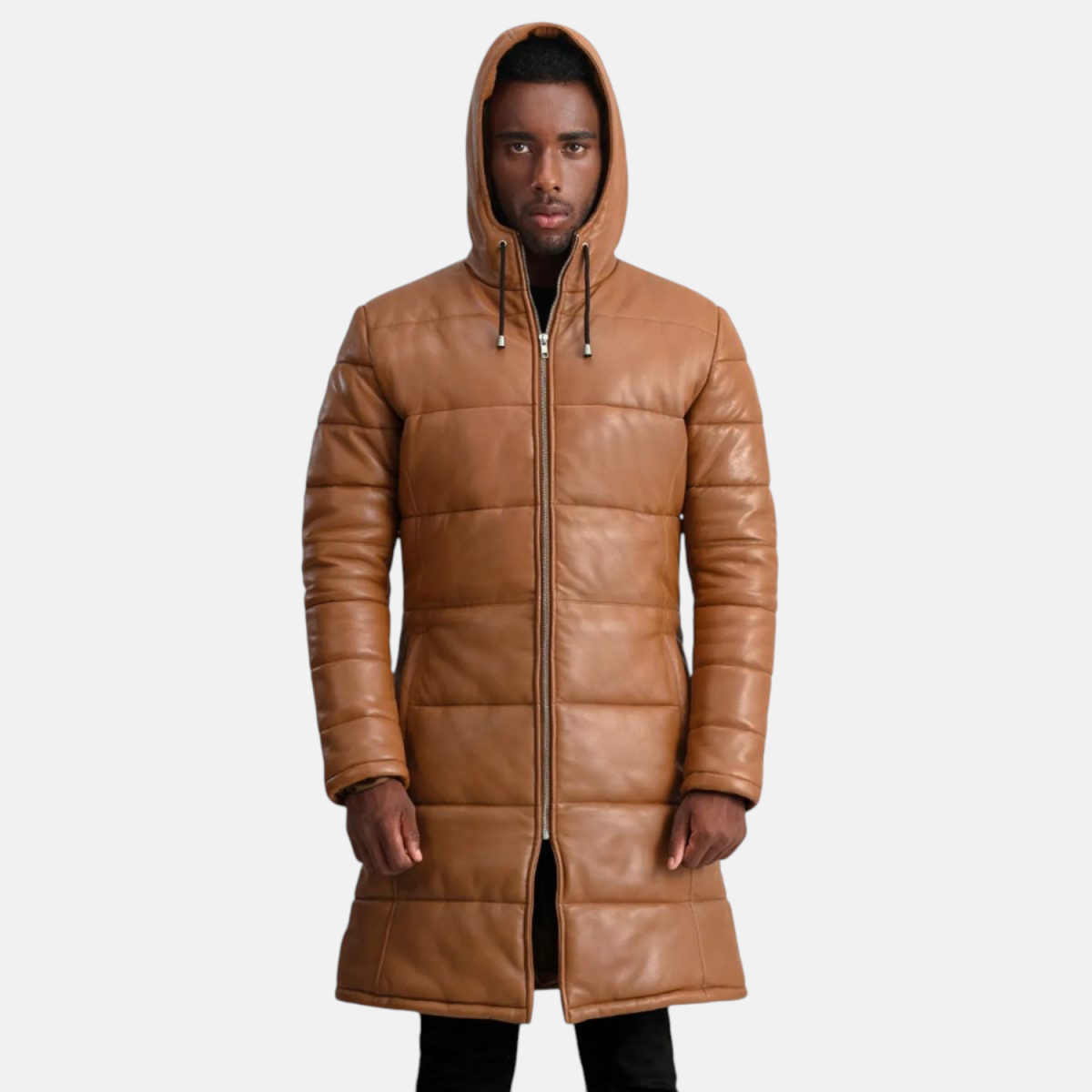 Men's Floyd Tan Hooded Leather Puffer Coat