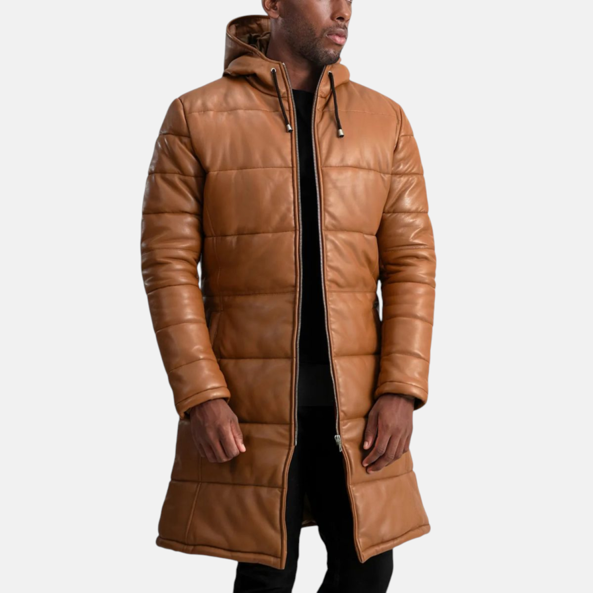 Men's Floyd Tan Hooded Leather Puffer Coat