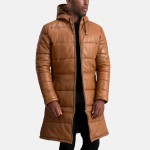 Men's Floyd Tan Hooded Leather Puffer Coat