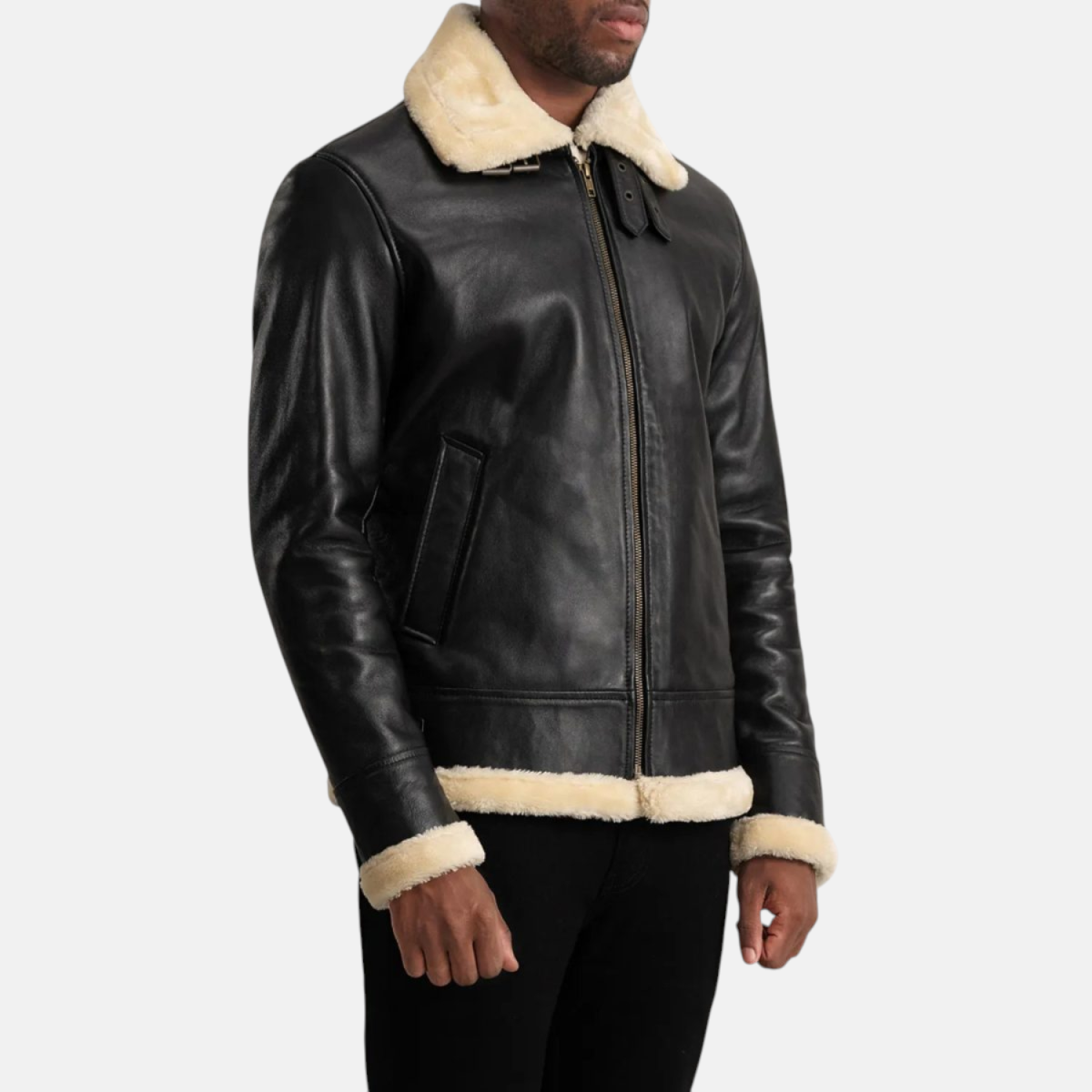 Men's Francis B-3 Black & Cream Leather Bomber Jacket