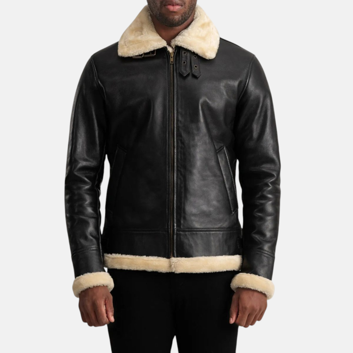 Men's Francis B-3 Black & Cream Leather Bomber Jacket