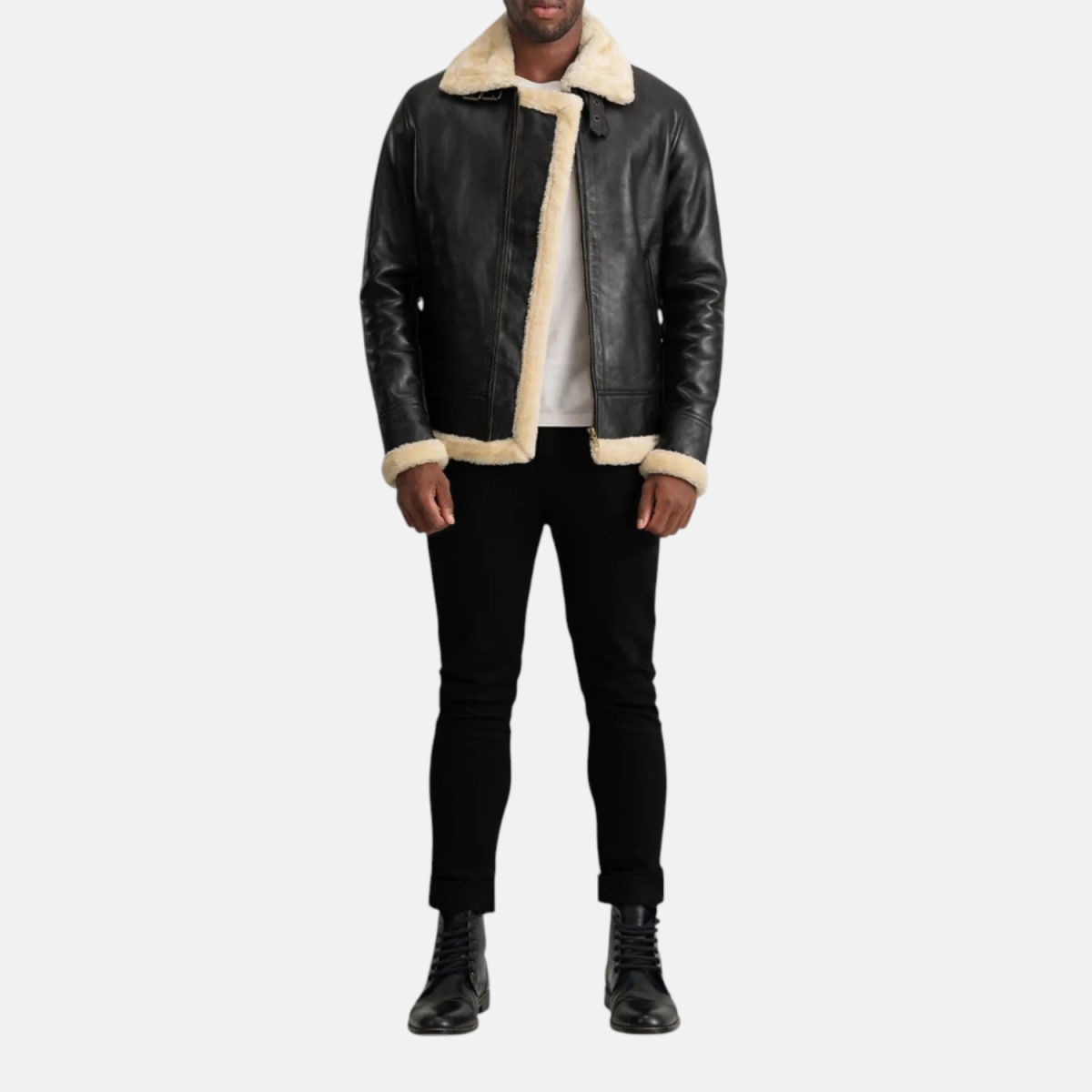 Men's Francis B-3 Black & Cream Leather Bomber Jacket