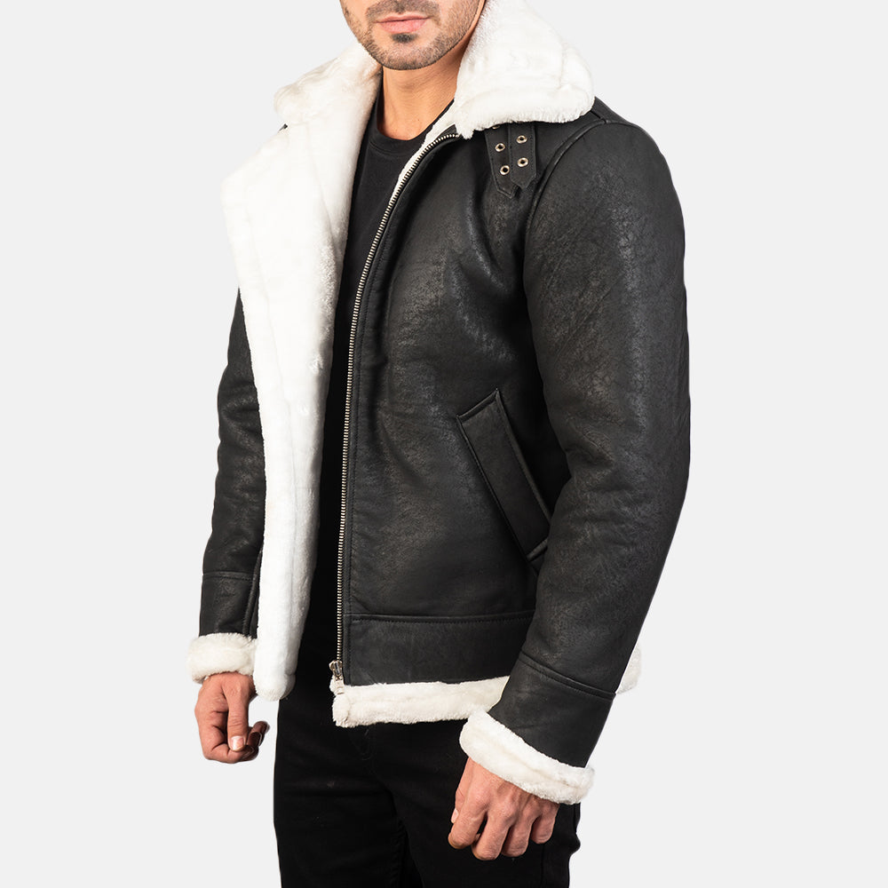 Men's Francis B-3 Distressed Black Leather Bomber Jacket