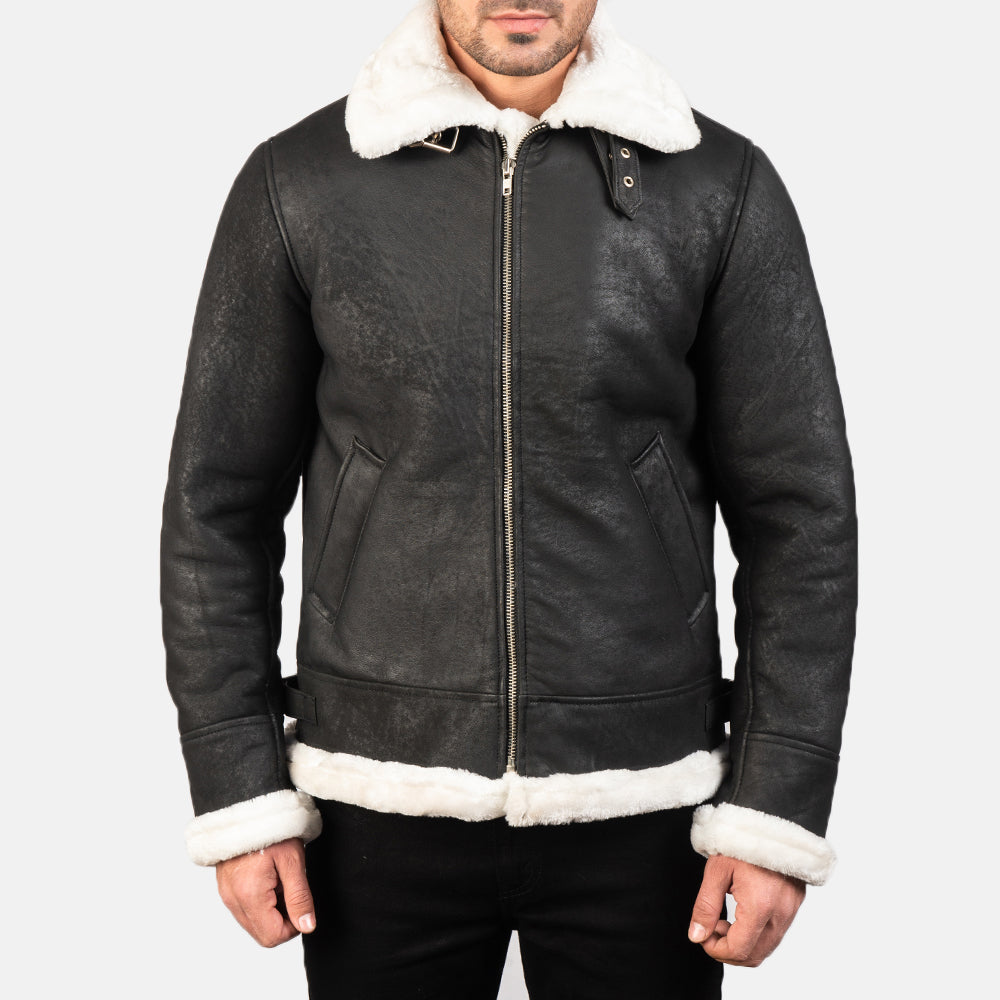 Men's Francis B-3 Distressed Black Leather Bomber Jacket
