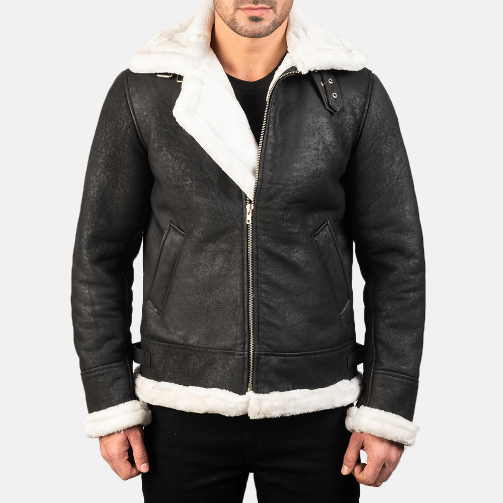 Men's Francis B-3 Distressed Black Leather Bomber Jacket