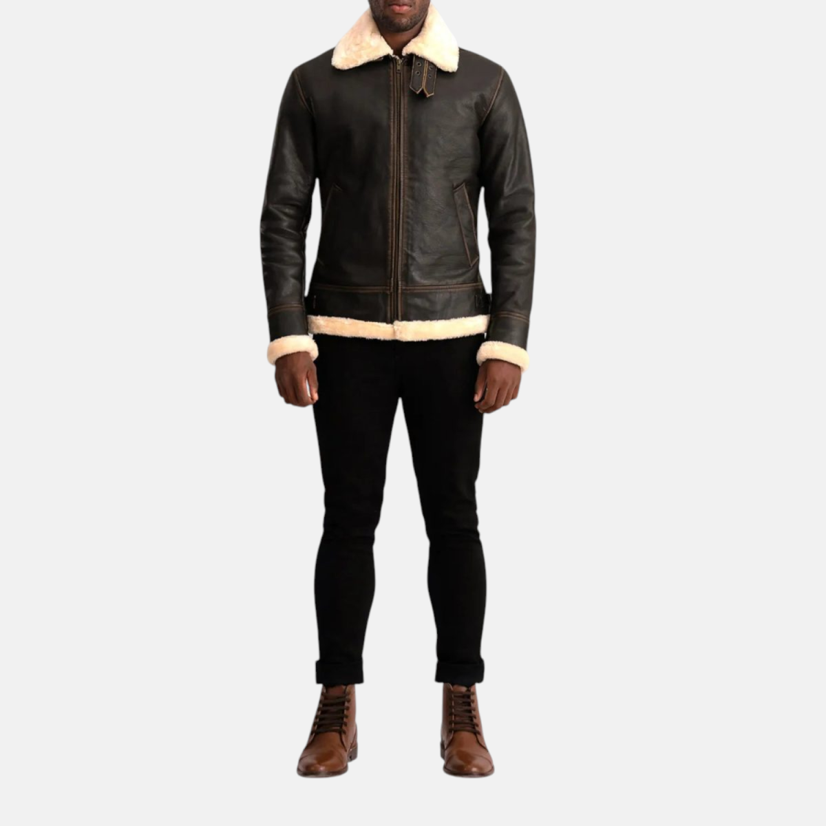 Men's Francis B-3 Brown & Cream Leather Bomber Jacket