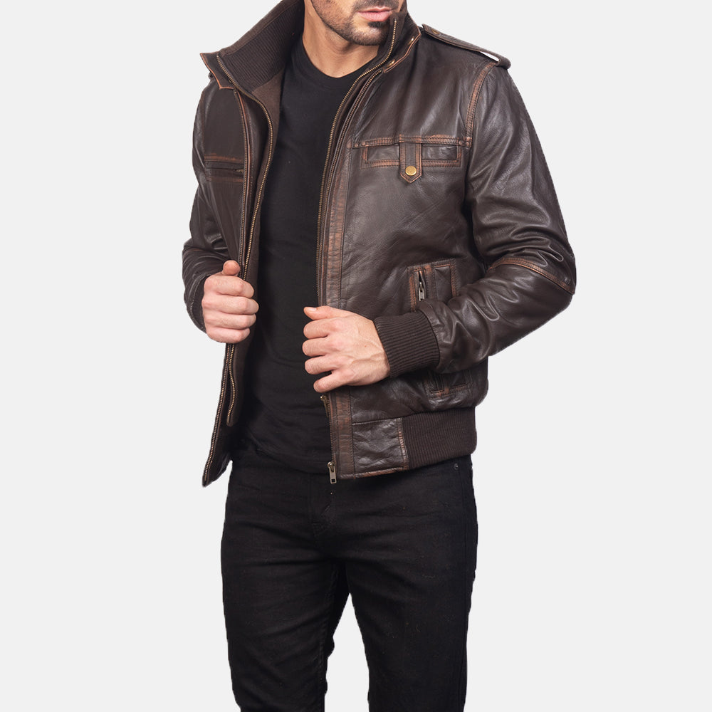 Men's Glen Street Brown Leather Bomber Jacket