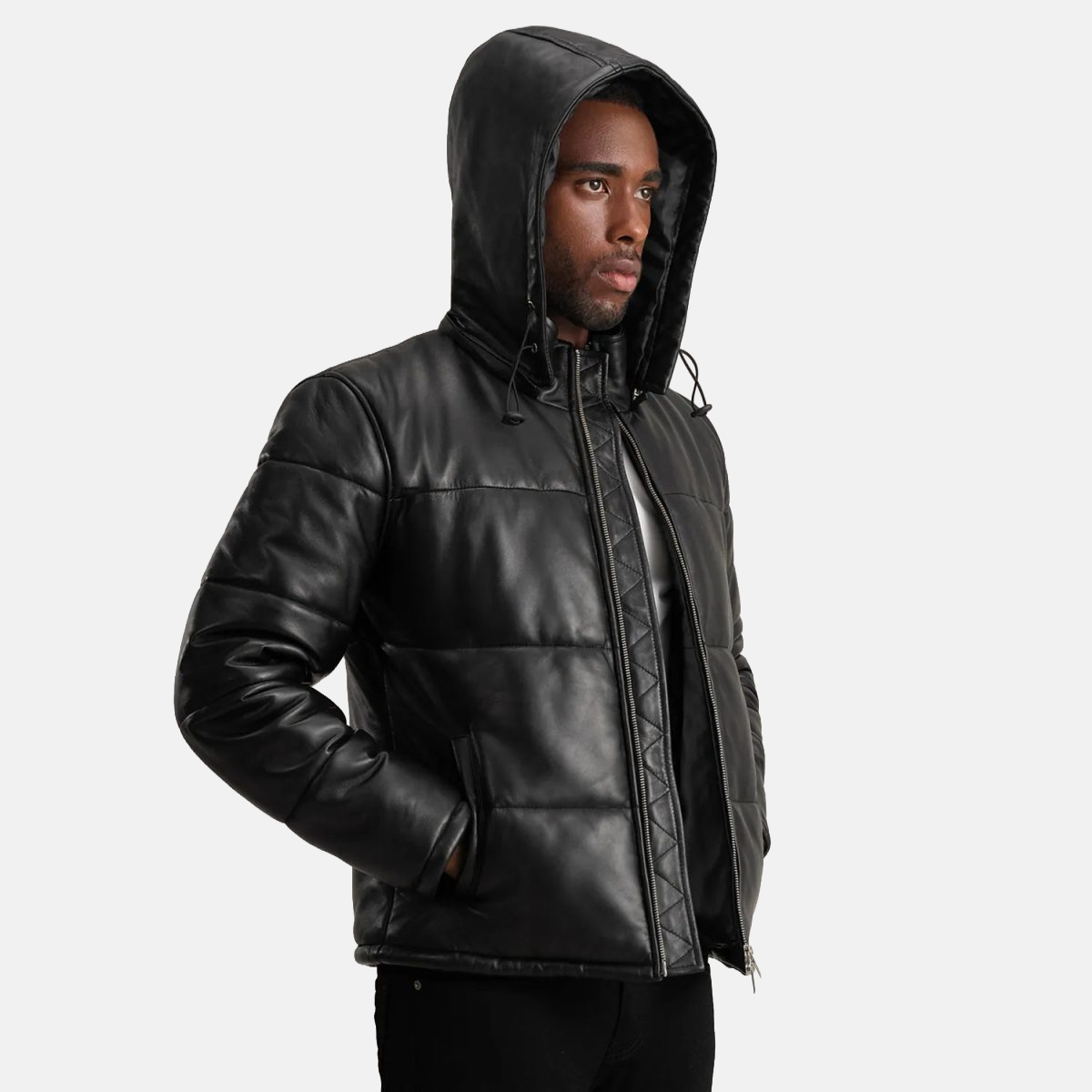 Men's Gordon Black Hooded Leather Puffer Jacket