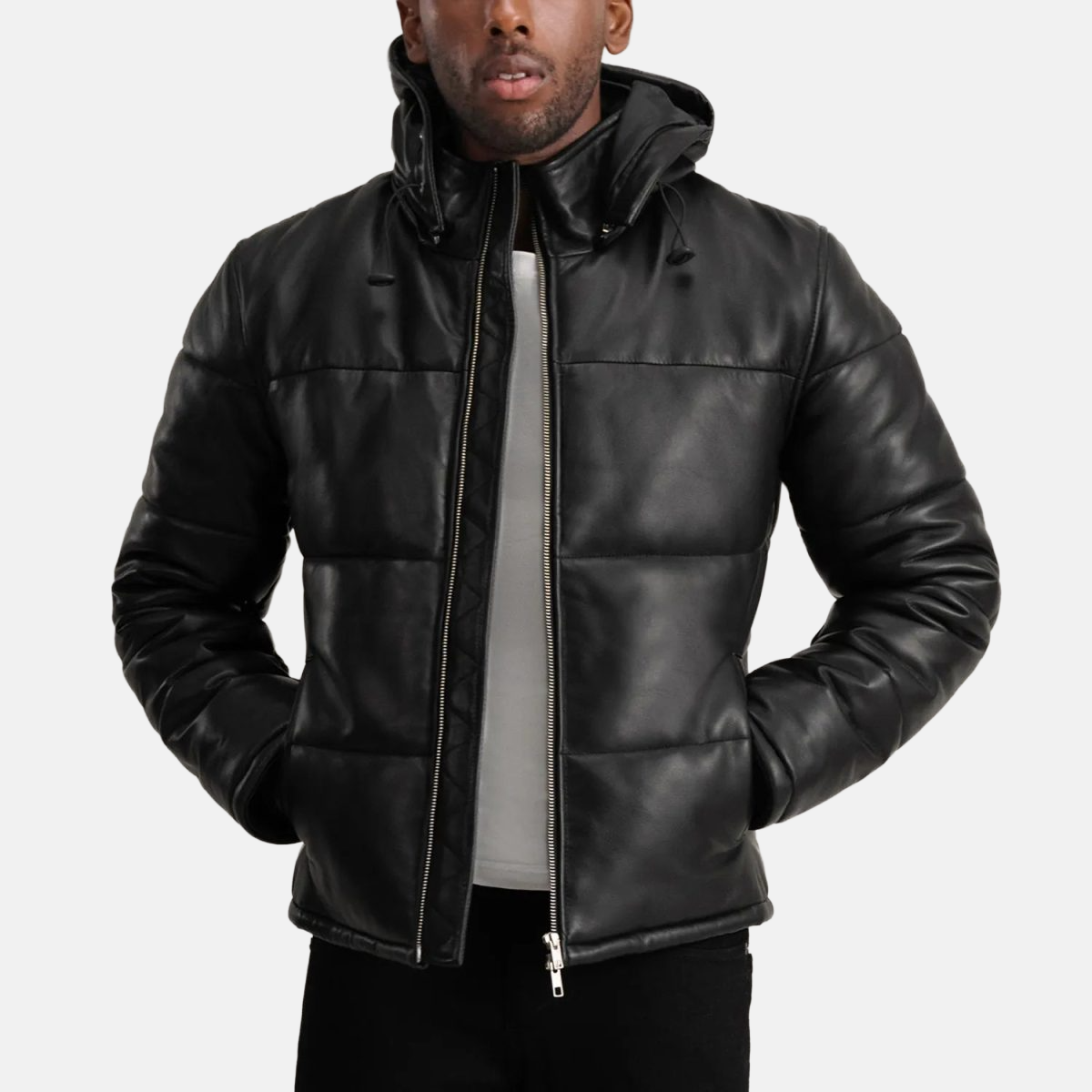 Men's Gordon Black Hooded Leather Puffer Jacket