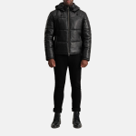 Men's Gordon Black Hooded Leather Puffer Jacket