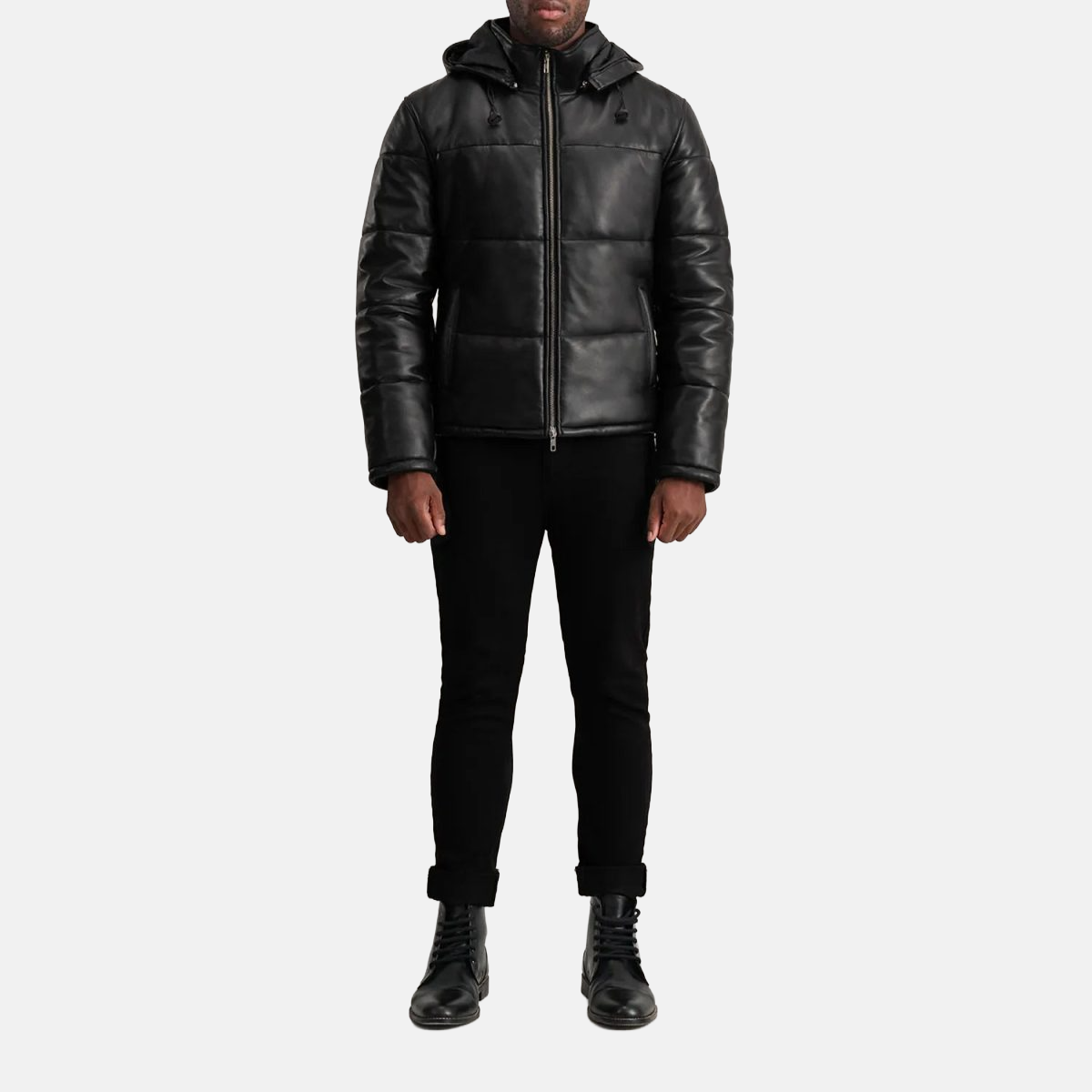 Men's Gordon Black Hooded Leather Puffer Jacket