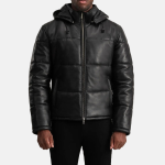 Men's Gordon Black Hooded Leather Puffer Jacket