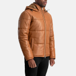 Men's Gordon Tan Hooded Leather Puffer Jacket