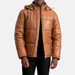 Men's Gordon Tan Hooded Leather Puffer Jacket