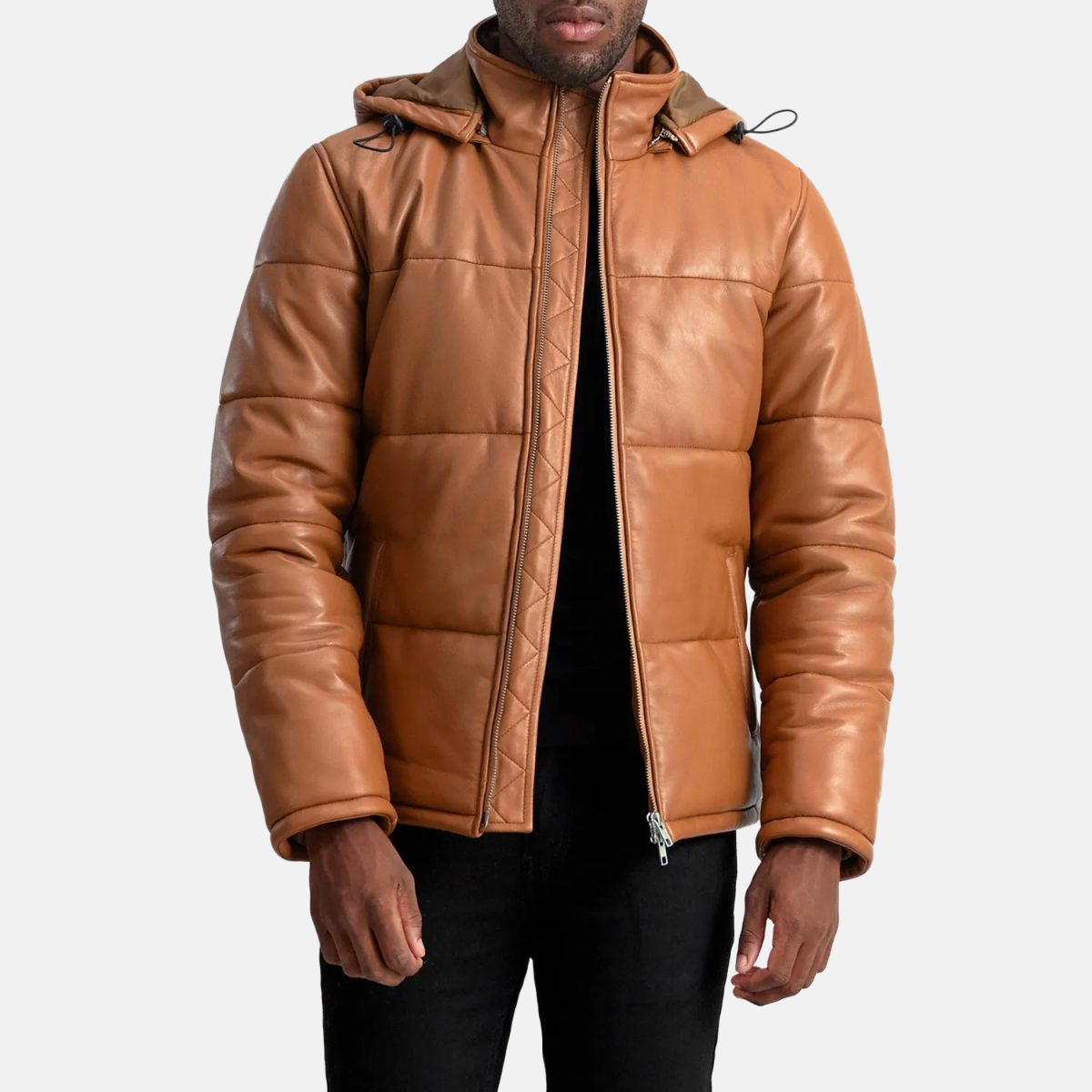 Men's Gordon Tan Hooded Leather Puffer Jacket
