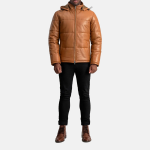 Men's Gordon Tan Hooded Leather Puffer Jacket
