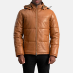 Men's Gordon Tan Hooded Leather Puffer Jacket