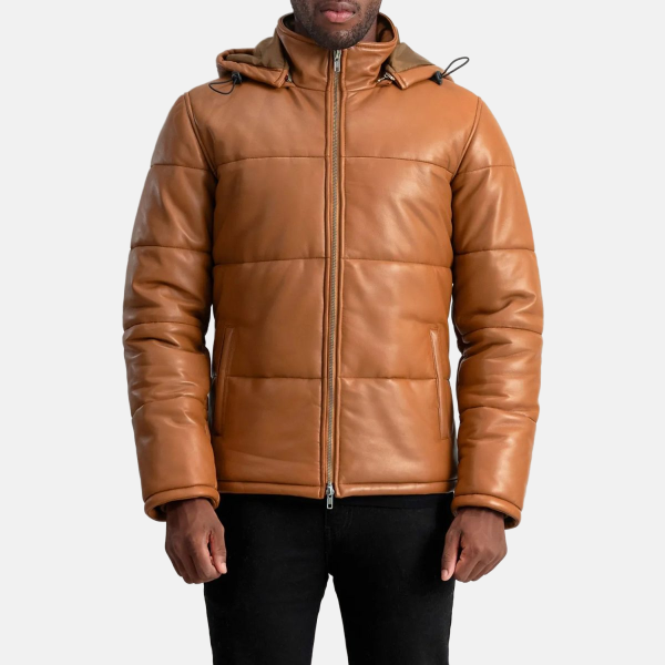 Men's Gordon Tan Hooded Leather Puffer Jacket