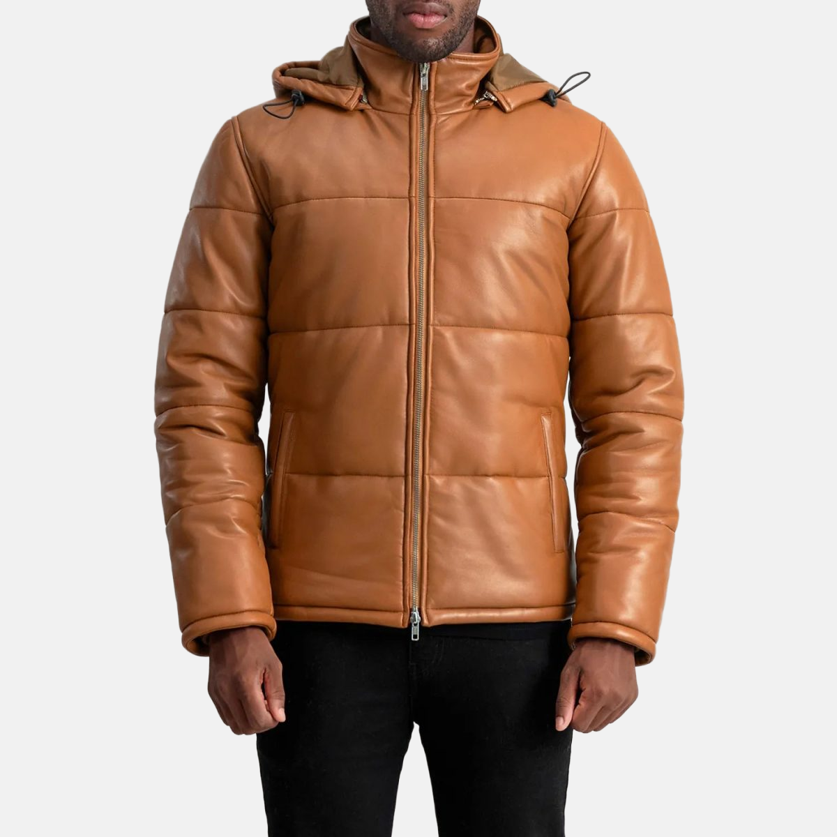 Men's Gordon Tan Hooded Leather Puffer Jacket