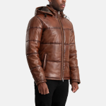 Men's Gordon Waxed Brown Hooded Leather Puffer Jacket