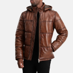 Men's Gordon Waxed Brown Hooded Leather Puffer Jacket
