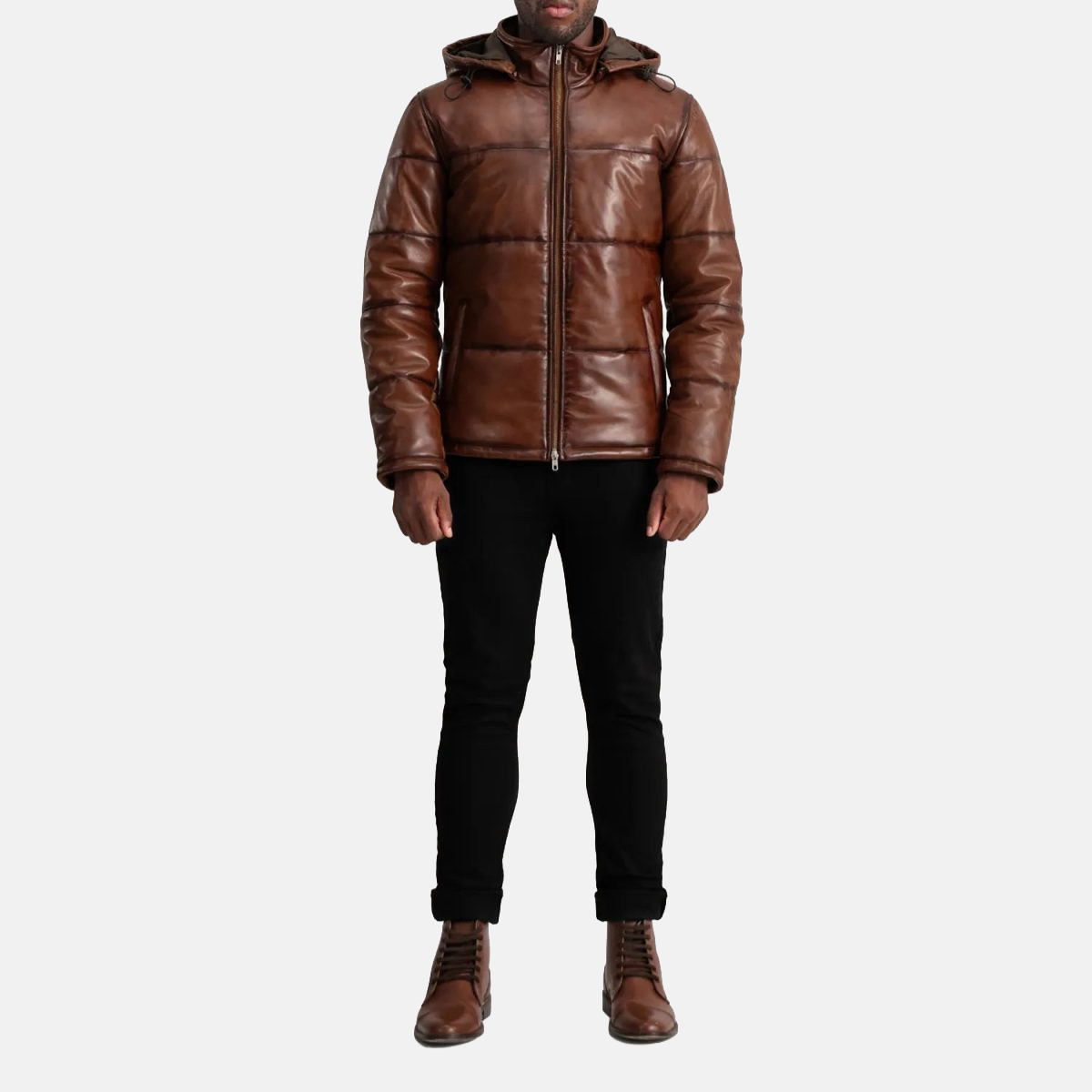 Men's Gordon Waxed Brown Hooded Leather Puffer Jacket