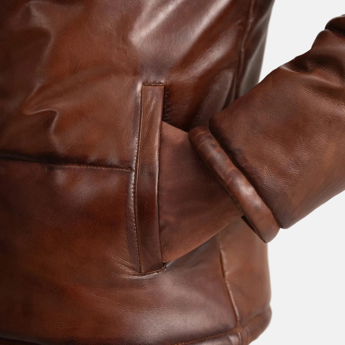 Men's Gordon Waxed Brown Hooded Leather Puffer Jacket
