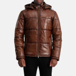 Men's Gordon Waxed Brown Hooded Leather Puffer Jacket