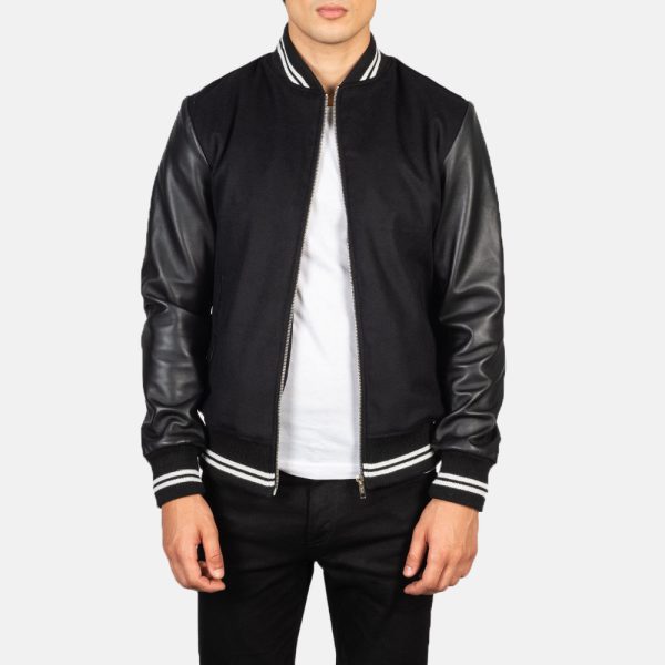 Men's Harrison Black Leather & Wool Varsity Bomber Jacket