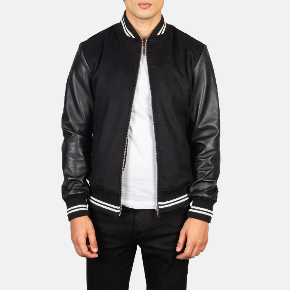 Men's Harrison Black Leather & Wool Varsity Bomber Jacket