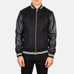 Men's Harrison Black Leather & Wool Varsity Bomber Jacket