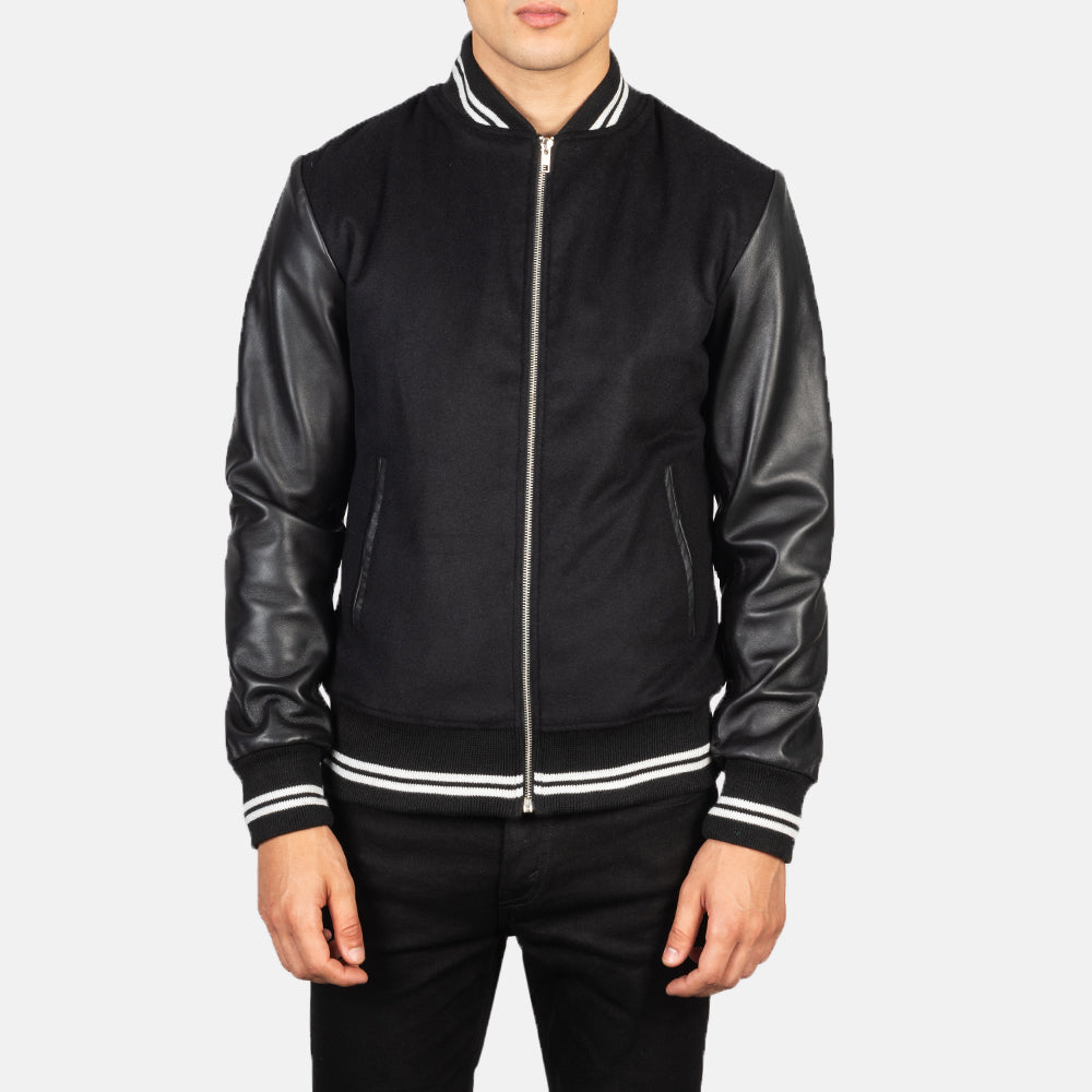 Men's Harrison Black Leather & Wool Varsity Bomber Jacket