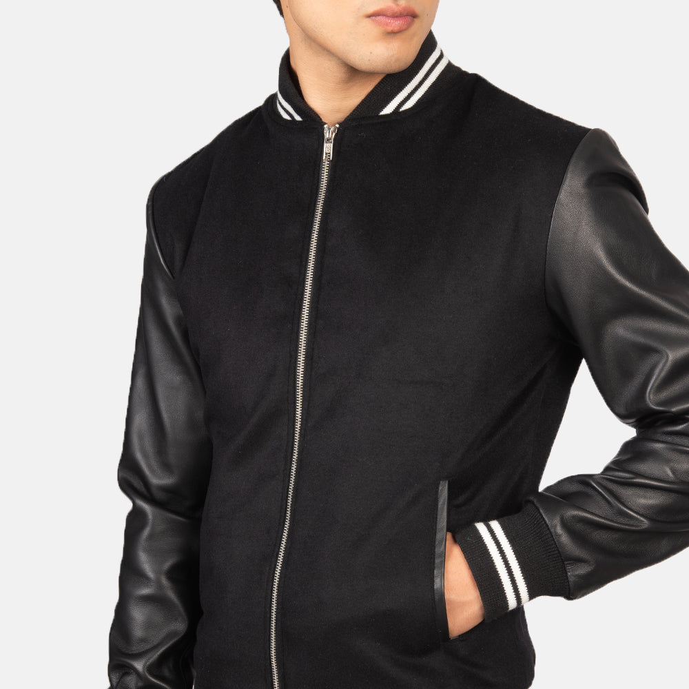Men's Harrison Black Leather & Wool Varsity Bomber Jacket