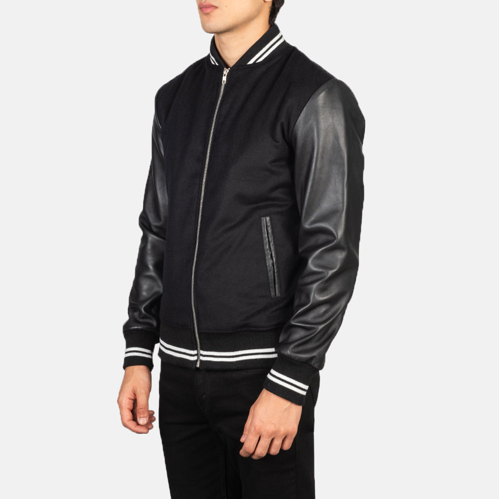 Men's Harrison Black Leather & Wool Varsity Bomber Jacket